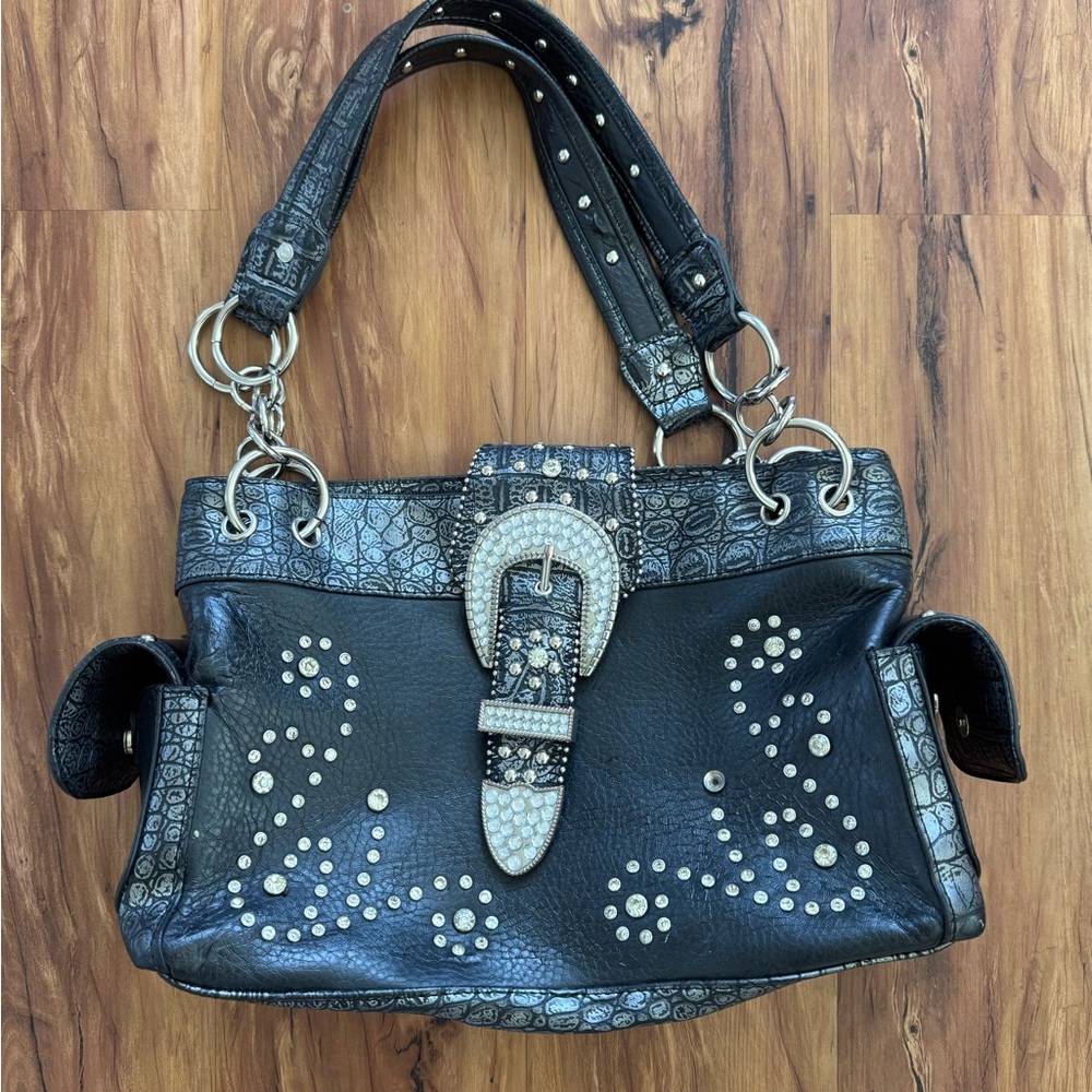 Black Shoulder Bag with Rhinestone Embellishments and Buckle Closure